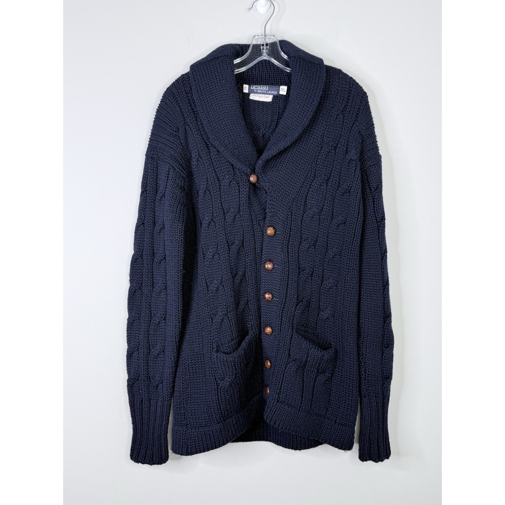 Vtg Polo Ralph Lauren Cardigan Cable Knit Sweater Leather Buttons Virgin Wool 42